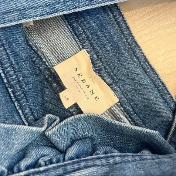 Sezane Rosario Denim Jean Overalls Ruffle Jumpsuit 38 - Picture 11 of 13